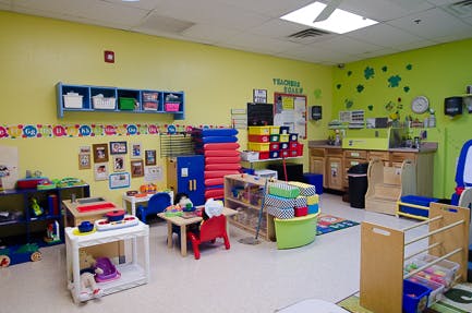 Empty classroom with small tables and chairs