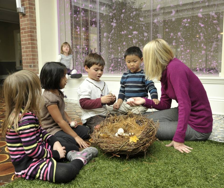 Adult and children sitting on grass around a nest with eggs
