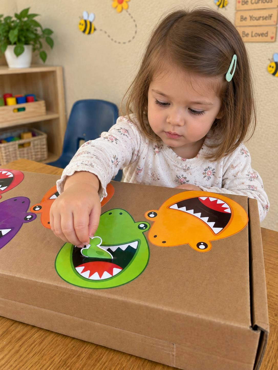 Child playing with a monster-themed feeding game on a cardboard box