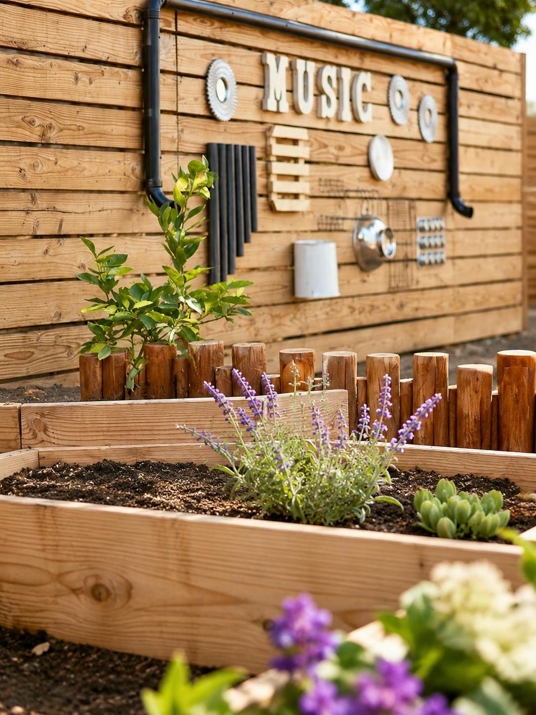 Outdoor garden music wall with instruments mounted on a wooden fence
