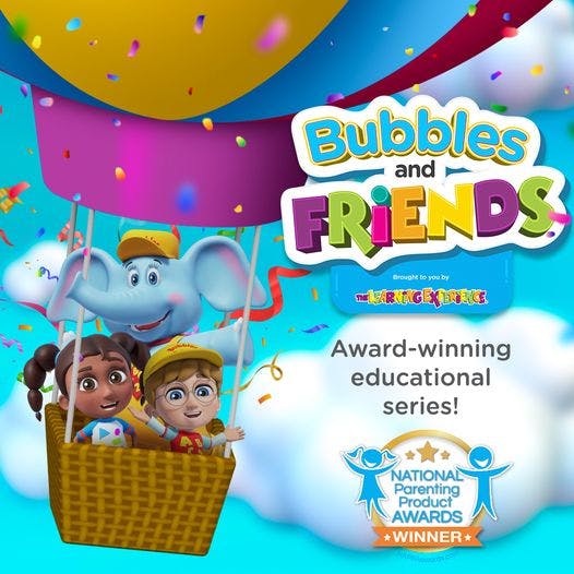 Cartoon elephant and two children in a hot air balloon basket