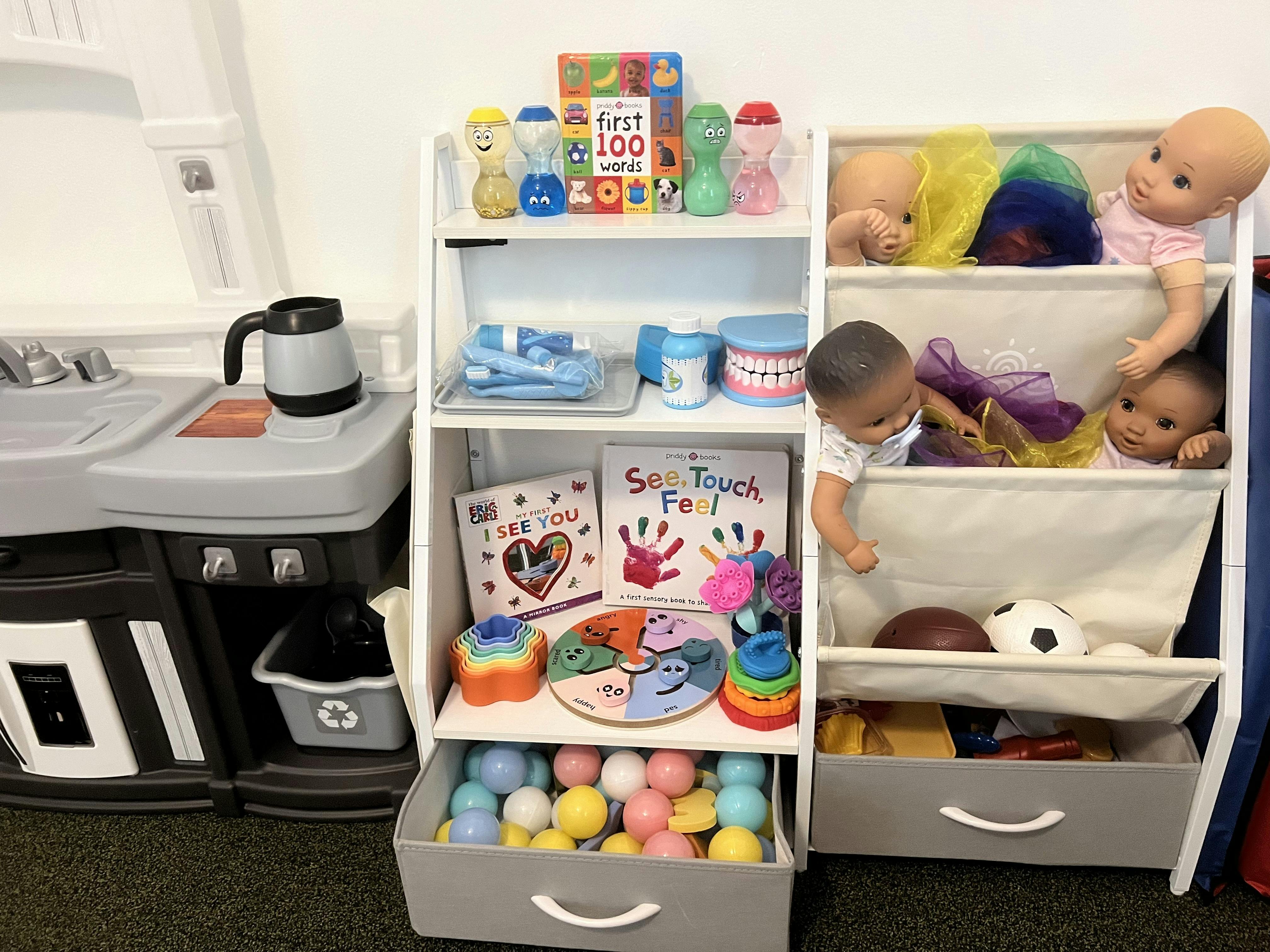 Playroom shelves with children's books, toys, and dolls