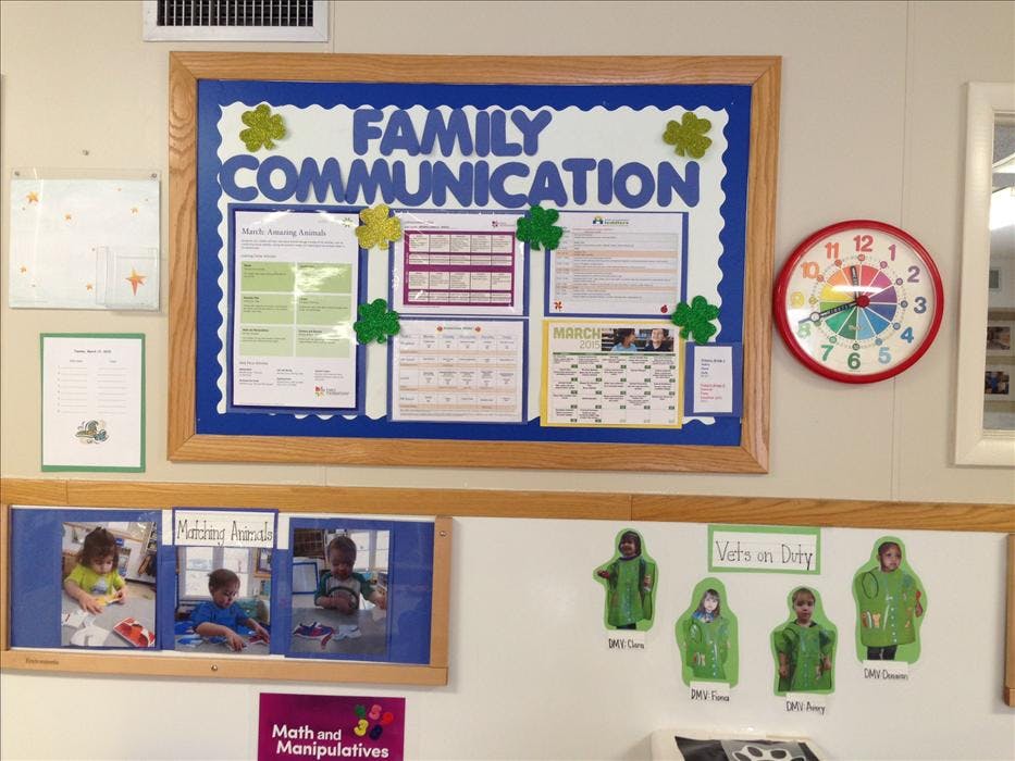 Classroom bulletin board with "FAMILY COMMUNICATION" and children's artwork
