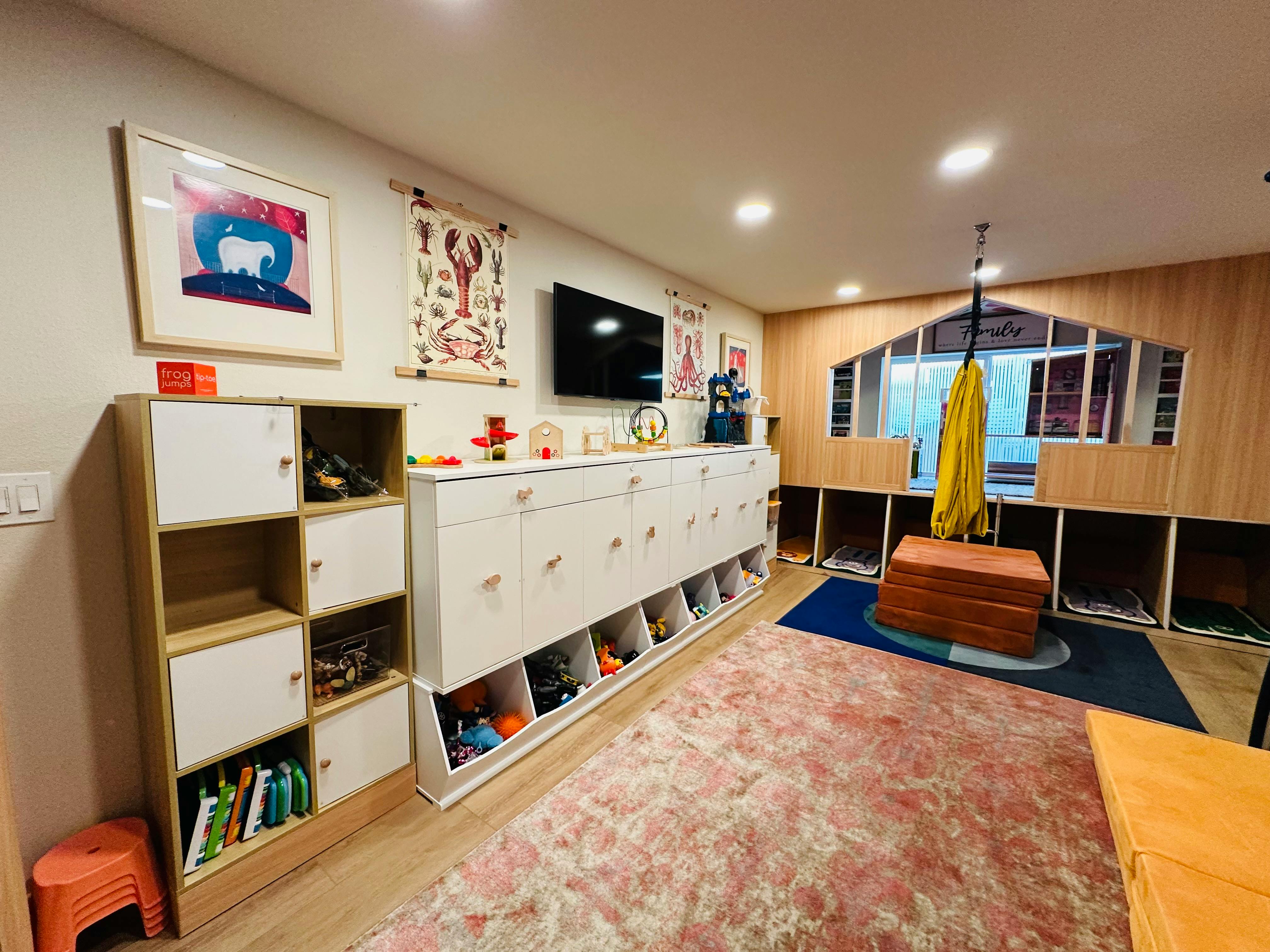 Playroom with storage shelves, a television, and a swing