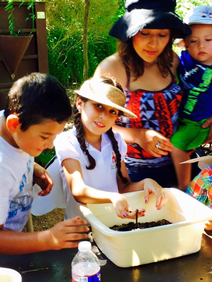 Person and two children looking at a worm in a container of soil