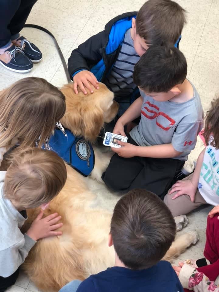 Children petting a dog wearing a blue vest