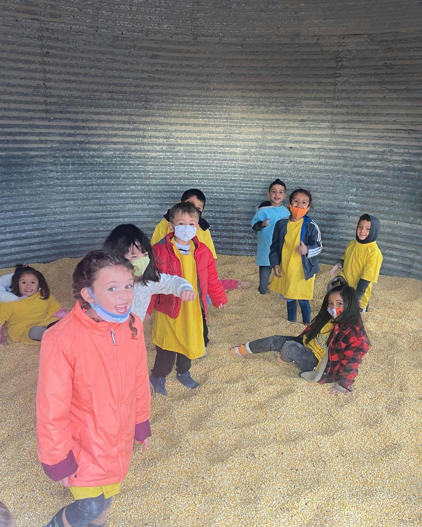 Group of children playing in a bin filled with grain