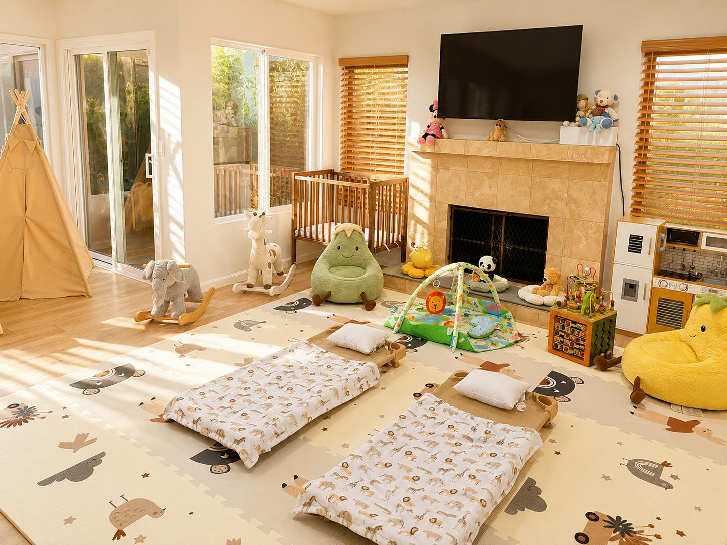 Playroom with two small cots, a teepee, and various children's toys