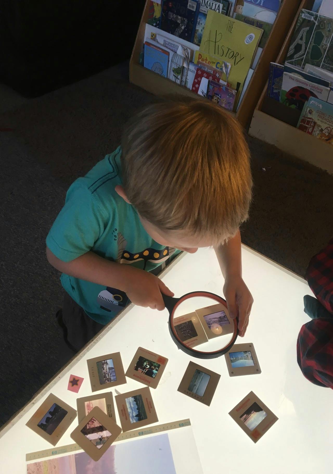 Child looking at slides with a magnifying glass on a light table