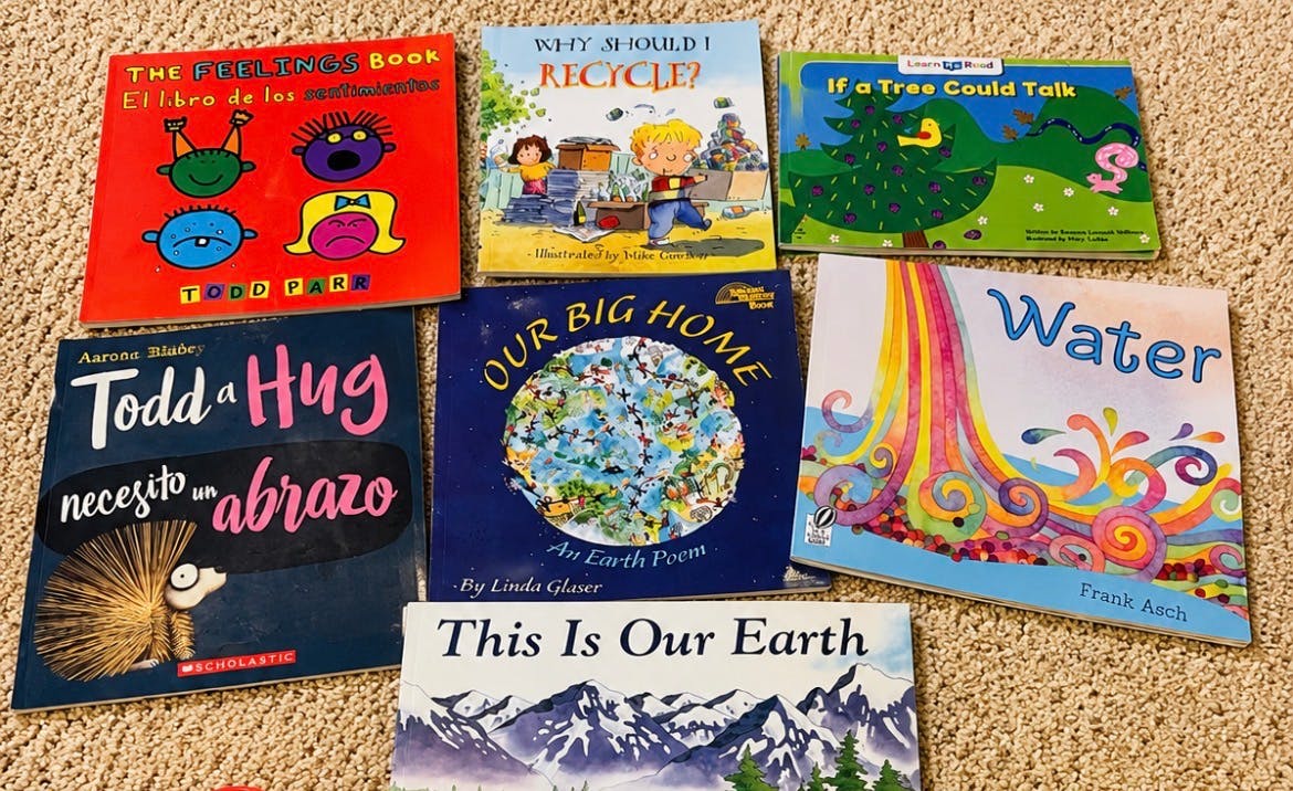 Several children's books arranged on a carpeted floor