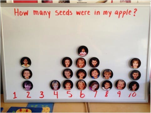 Whiteboard with question "How many seeds were in my apple?" and child photos above numbers