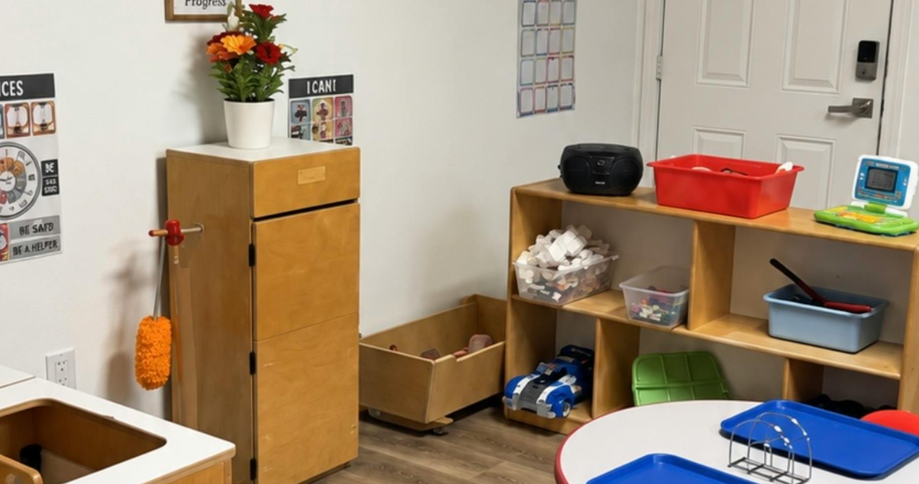 Wooden storage shelves with toy bins and learning materials in a classroom
