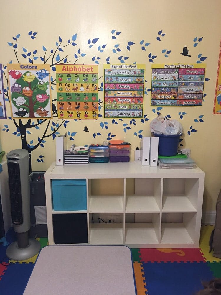 Classroom wall with educational posters and a storage shelf