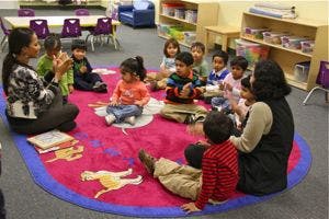 Two adults and multiple children sitting on a rug in a classroom