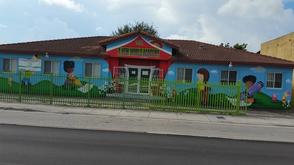 Building with colorful murals of children and a sign that reads "KID'S SPACE"