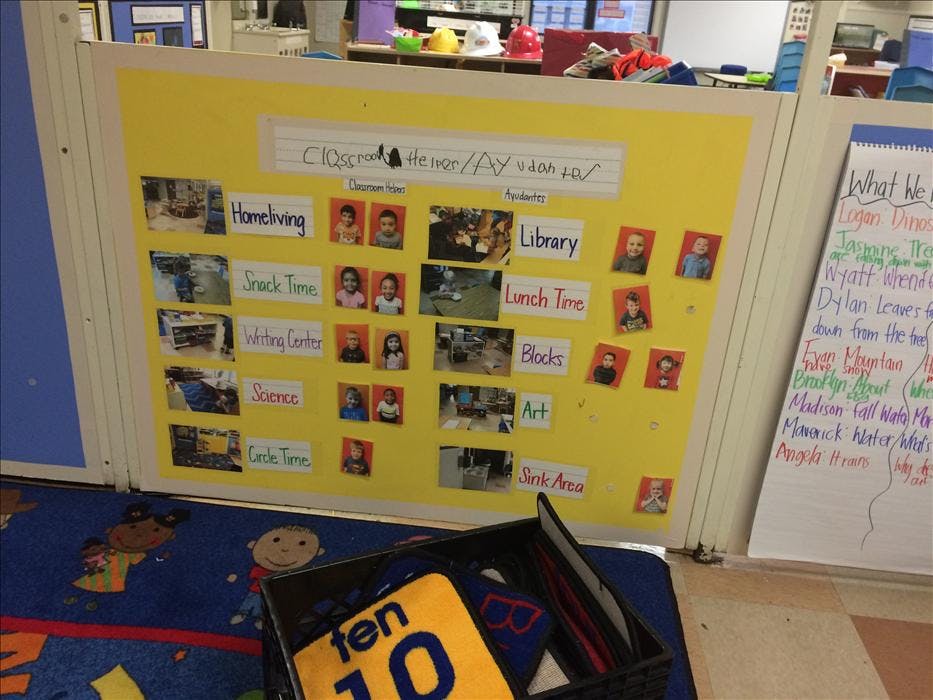 yellow classroom helper chart with student photos and activity labels