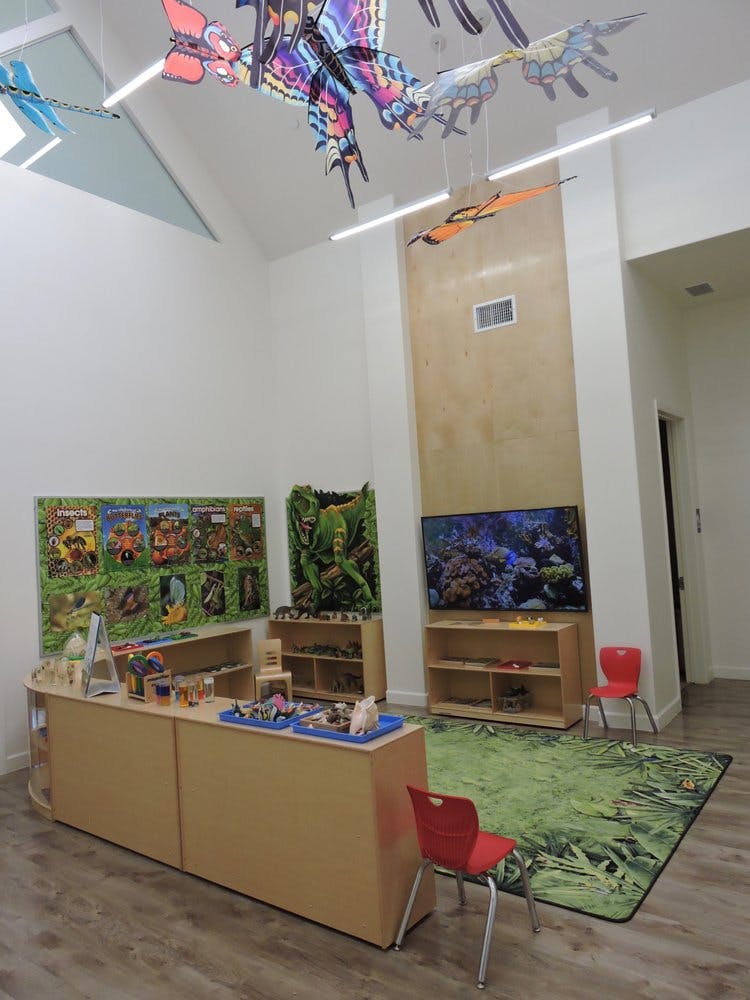 Classroom with educational displays, a television, and play area