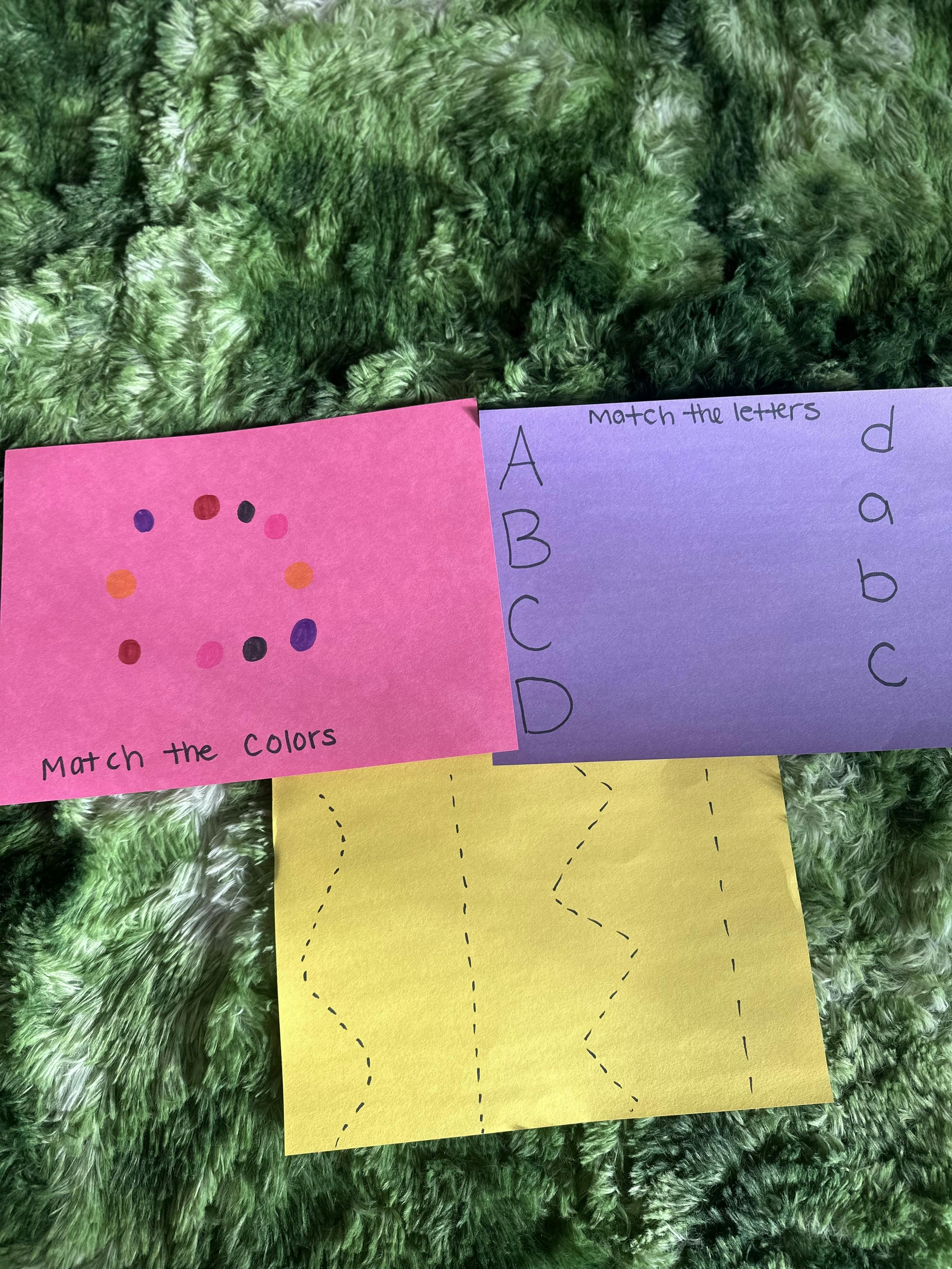 Three educational activity cards with letter and color matching exercises