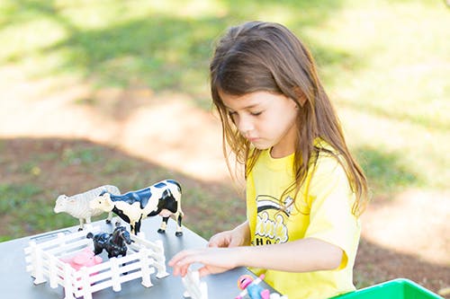Child playing with toy farm animals and a fence