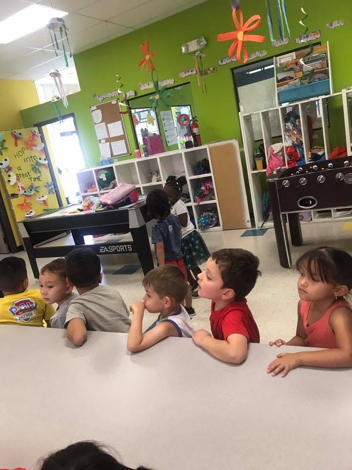 Children sitting at a table in a classroom