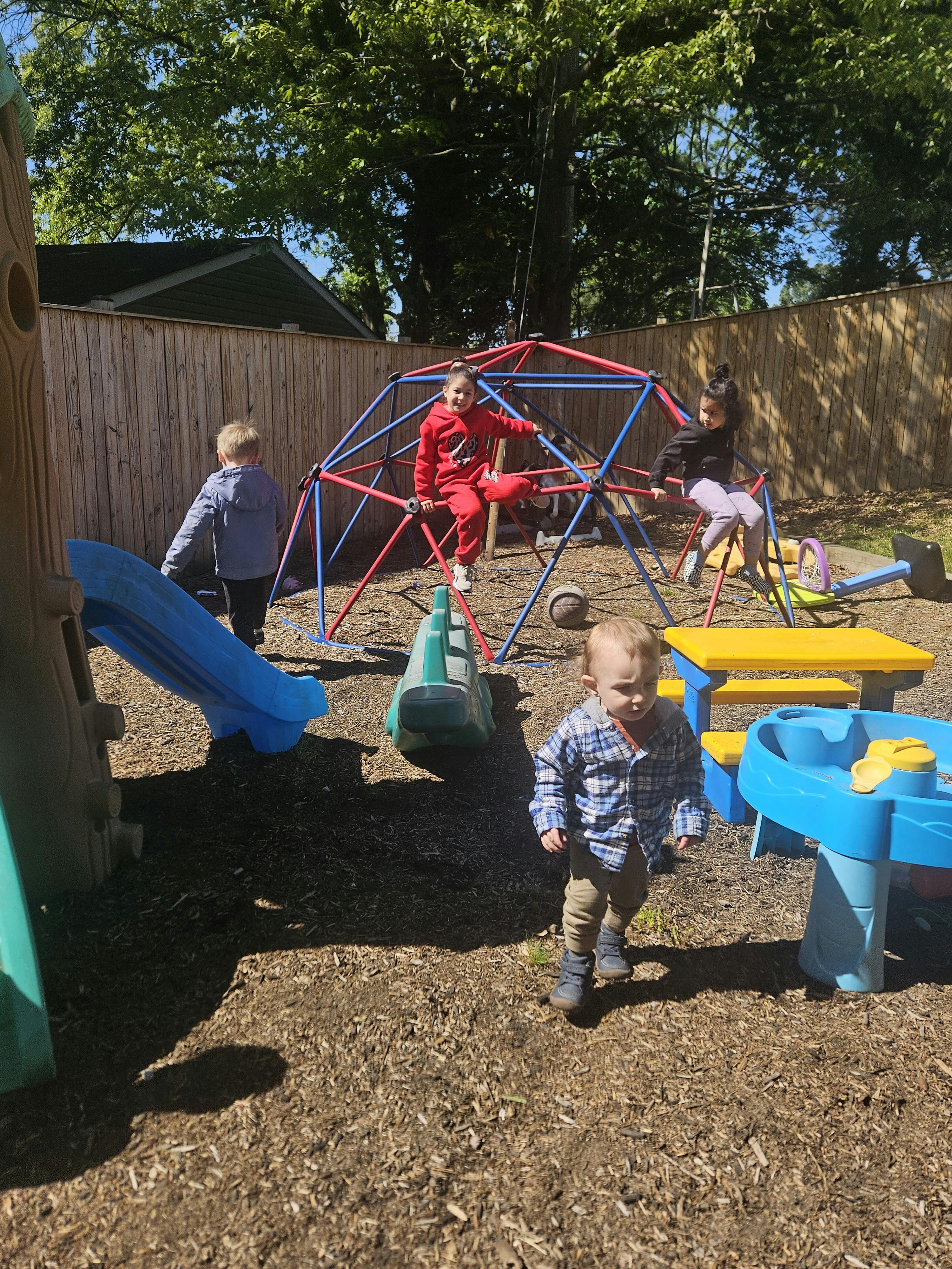 Children playing on a dome climbing frame at a playground