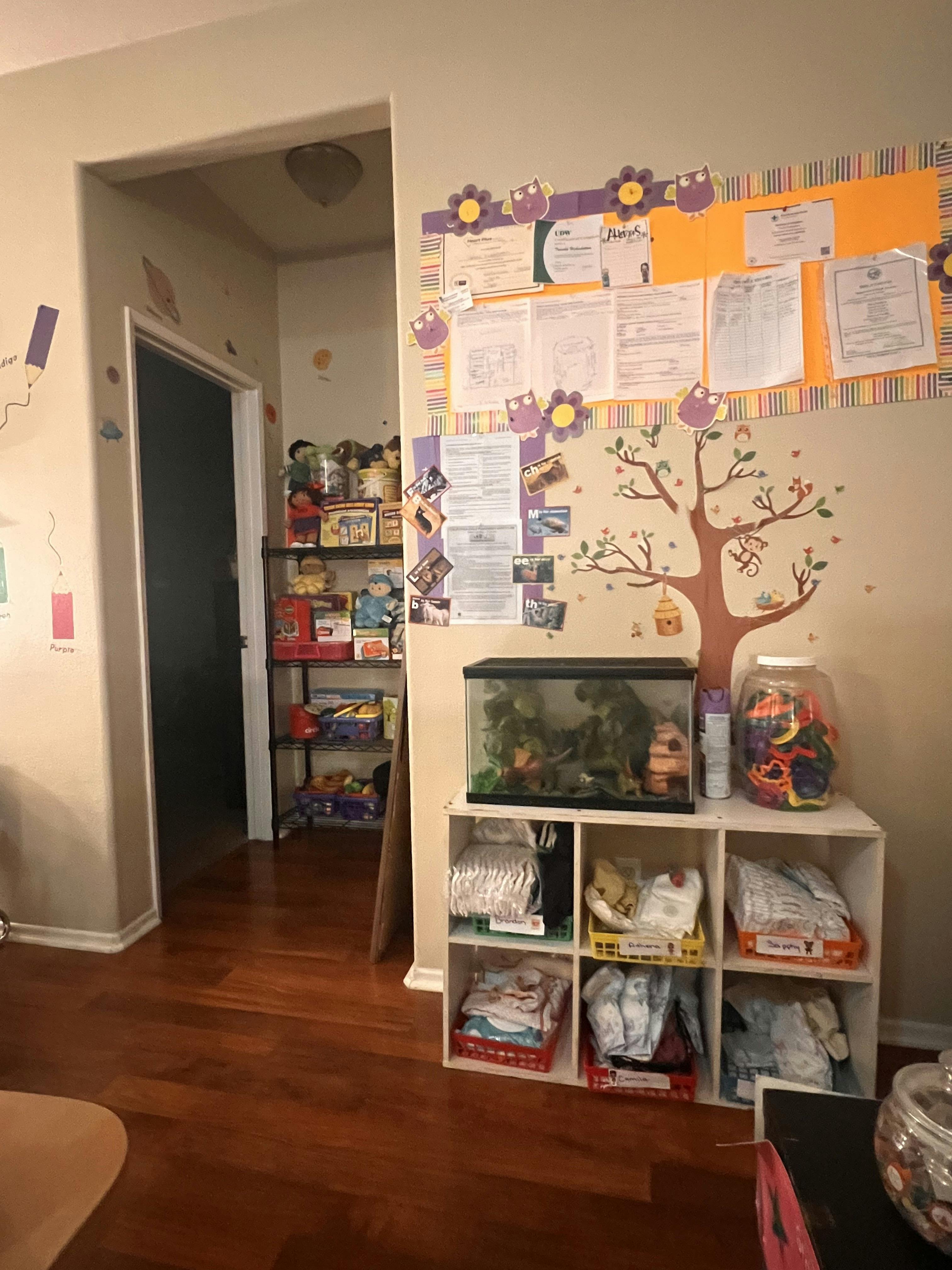 Decorative wall with a tree mural, a bulletin board, and a cubby shelf with an aquarium