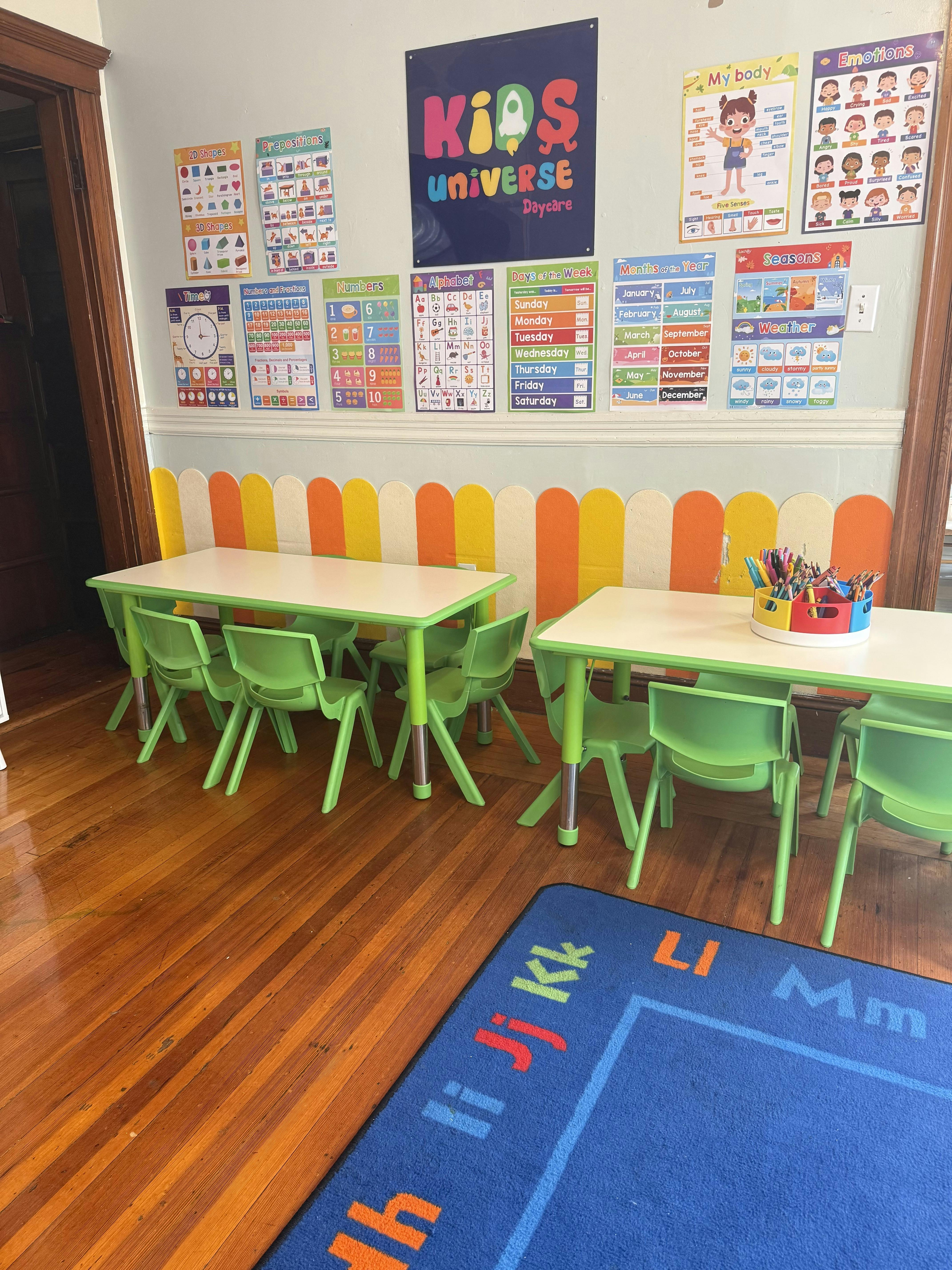 Small tables and chairs for children in a classroom with educational wall charts