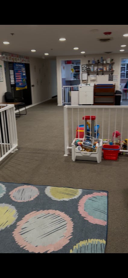Play area with child-sized toys, a colorful rug, and white safety gates, and various furniture