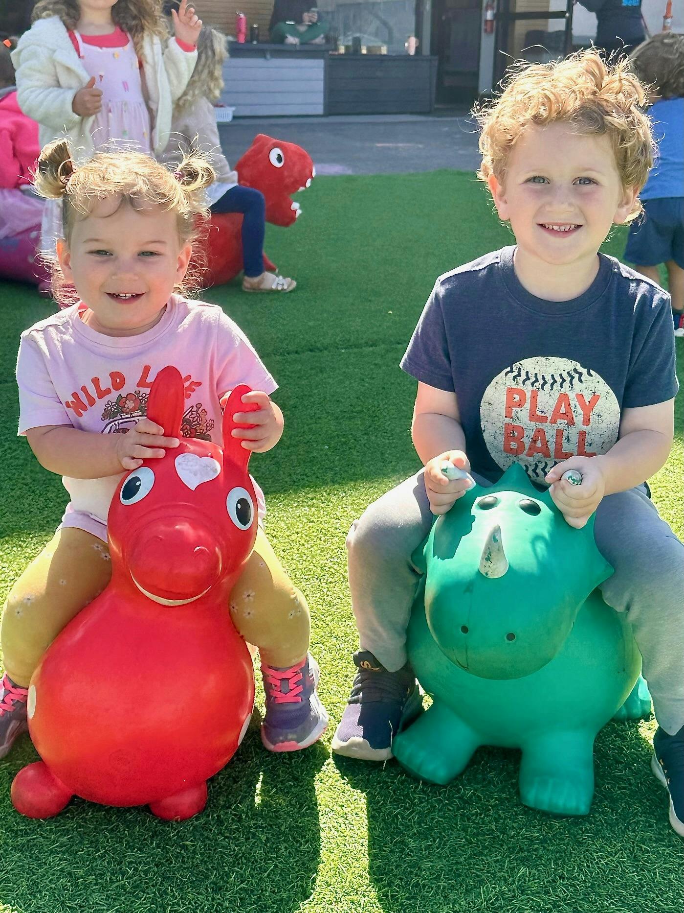 Two children sitting on inflatable animal toys on grass