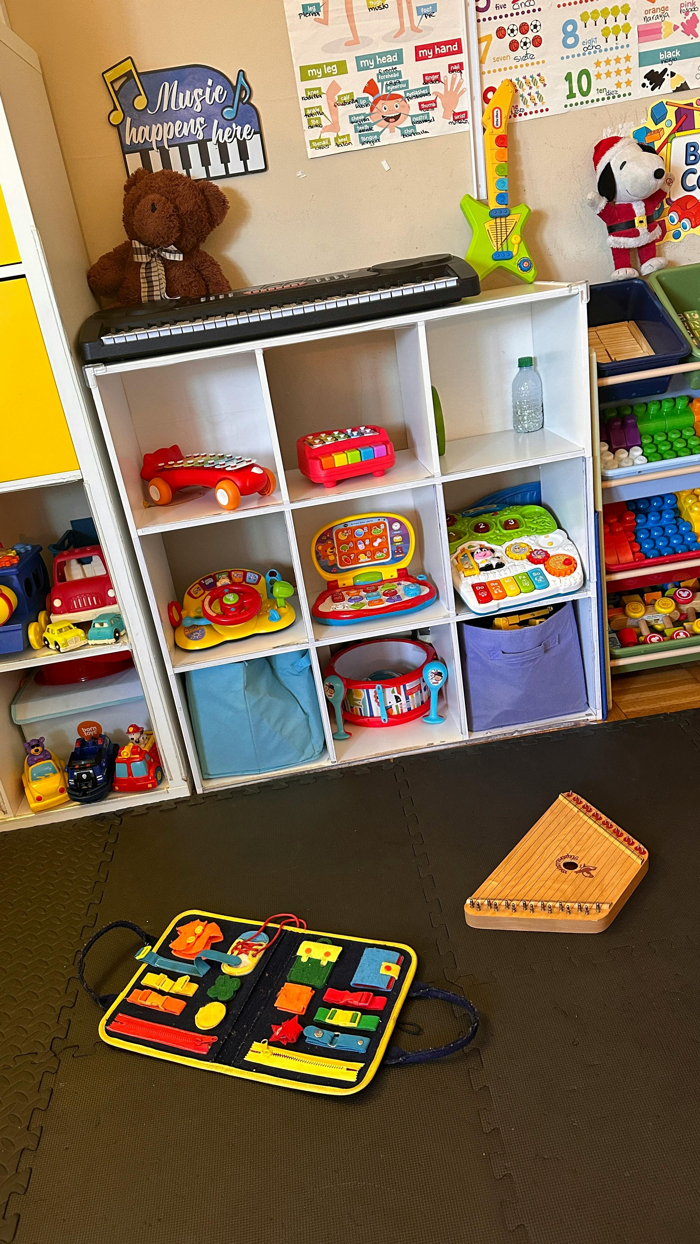 Shelves filled with children's toys and musical instruments