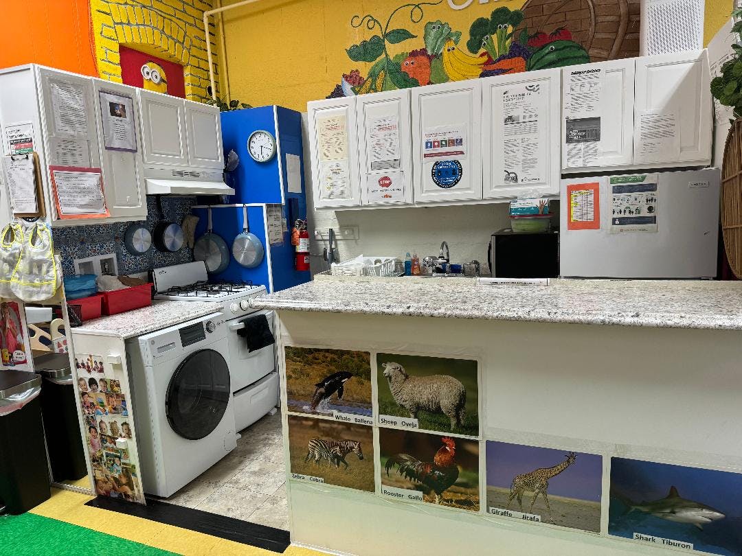 Play kitchen with white cabinets, appliances, and animal pictures on the counter