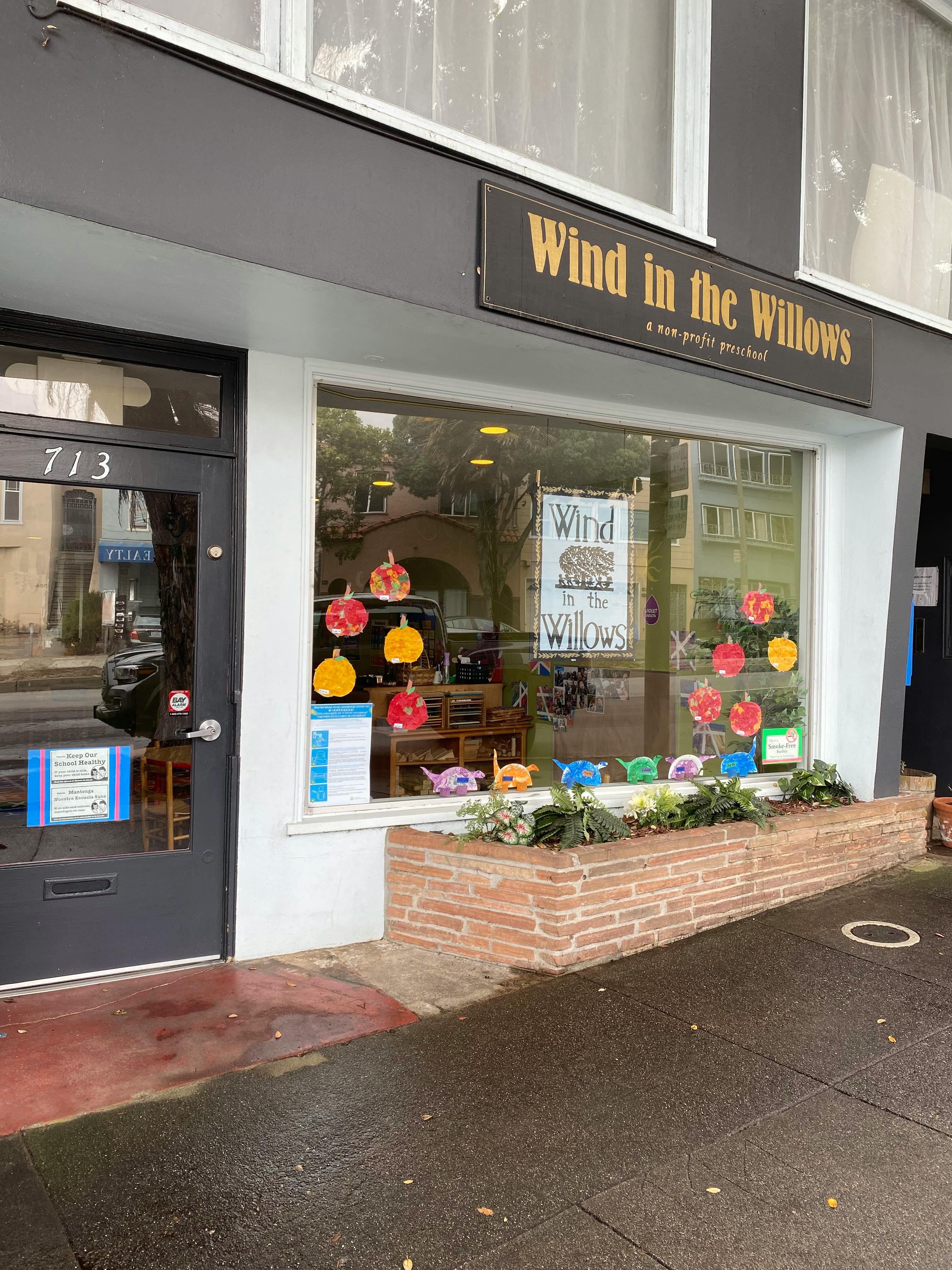 Storefront with "Wind in the Willows" sign and window display