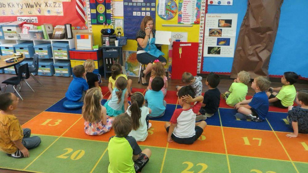 Person reading to a group of children in a classroom