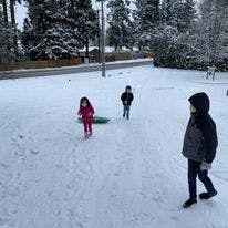 Three children playing in the snow