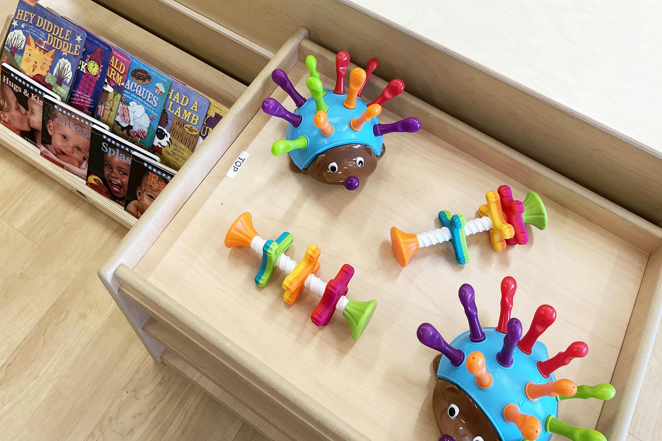 Hedgehog-shaped sorting toys with colorful pegs in a wooden drawer next to children's books