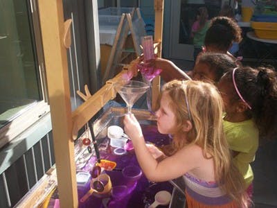 Children playing with water and funnels