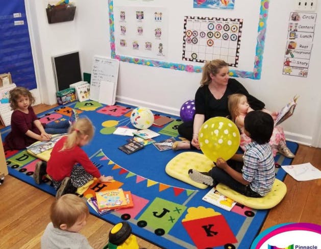 Adult and children sitting on a rug in a classroom