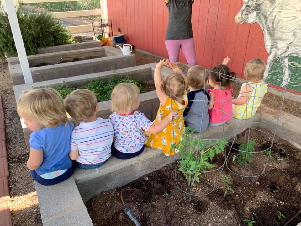 Children sitting on a raised garden bed