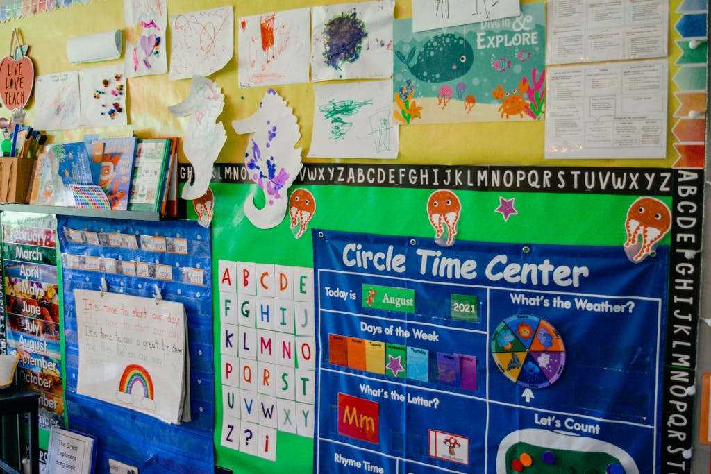 Classroom wall with children's artwork and a "Circle Time Center" chart