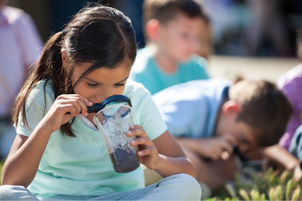 Child looking into a jar with a magnifying glass