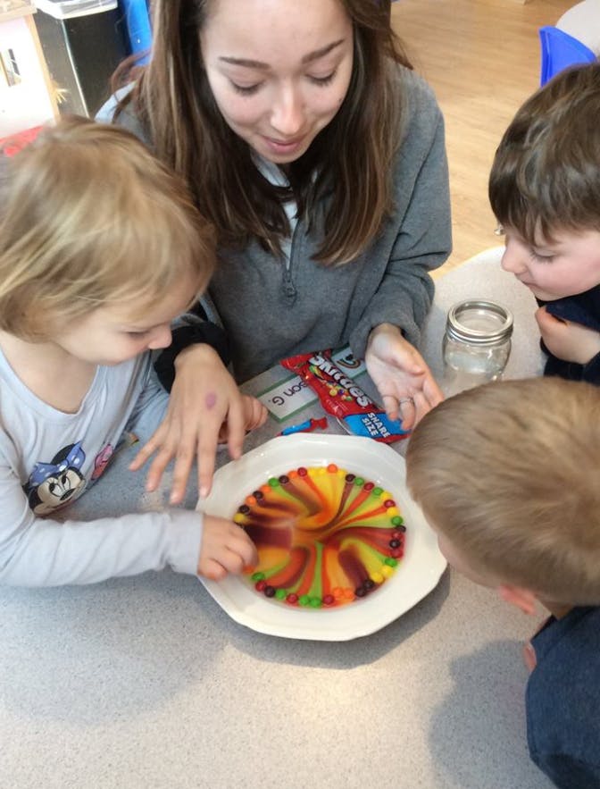Person and two children looking at colorful candy on a plate
