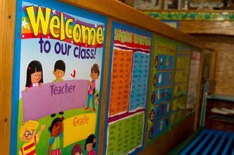 Welcome to our class sign with cartoon children