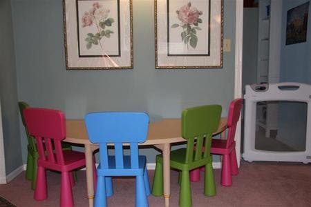 Small table with colorful chairs in a room