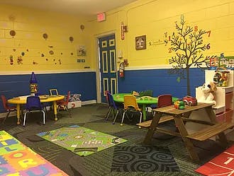 classroom with small tables and chairs