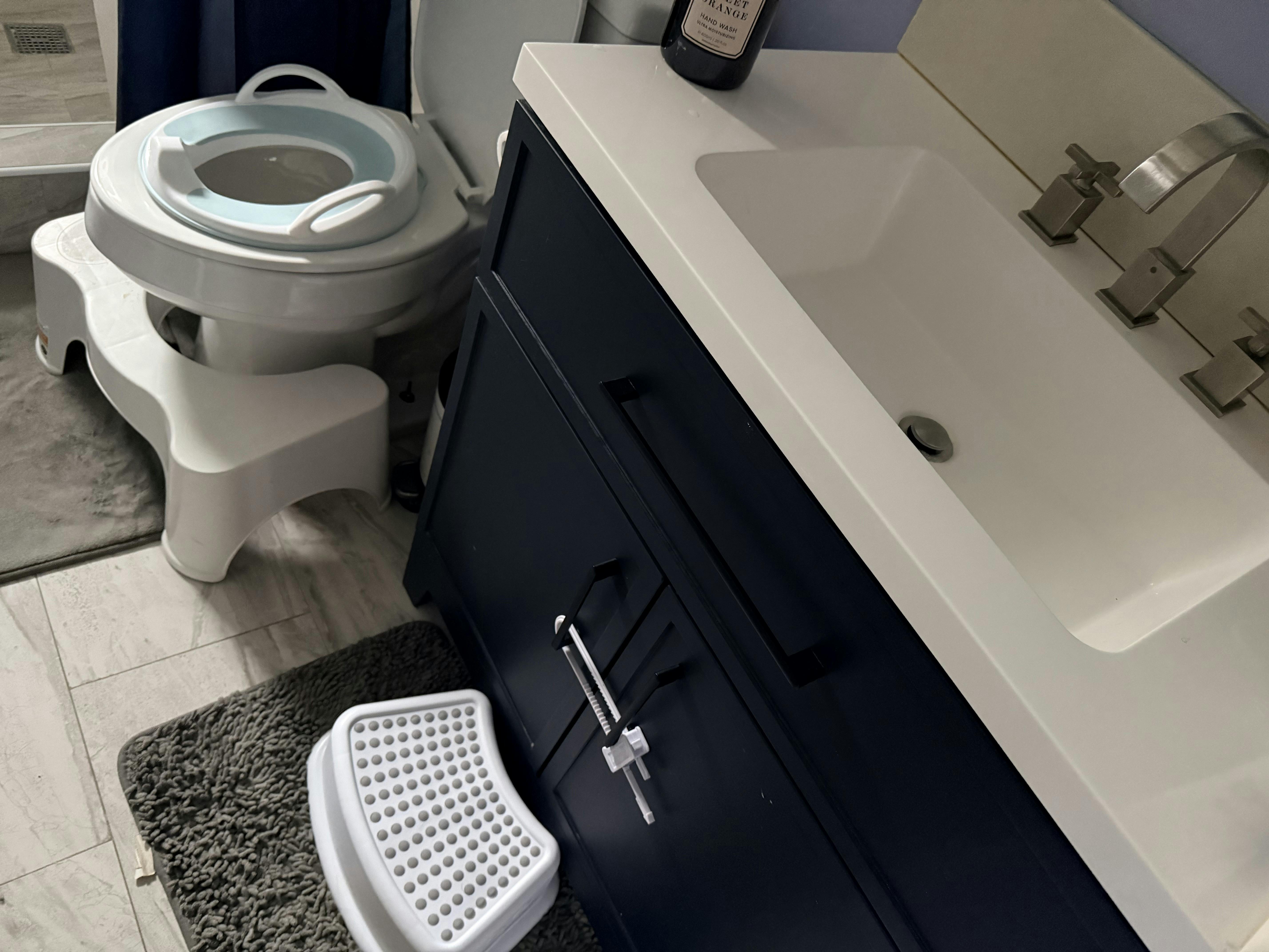 Bathroom vanity with sink and child toilet seat with step stool