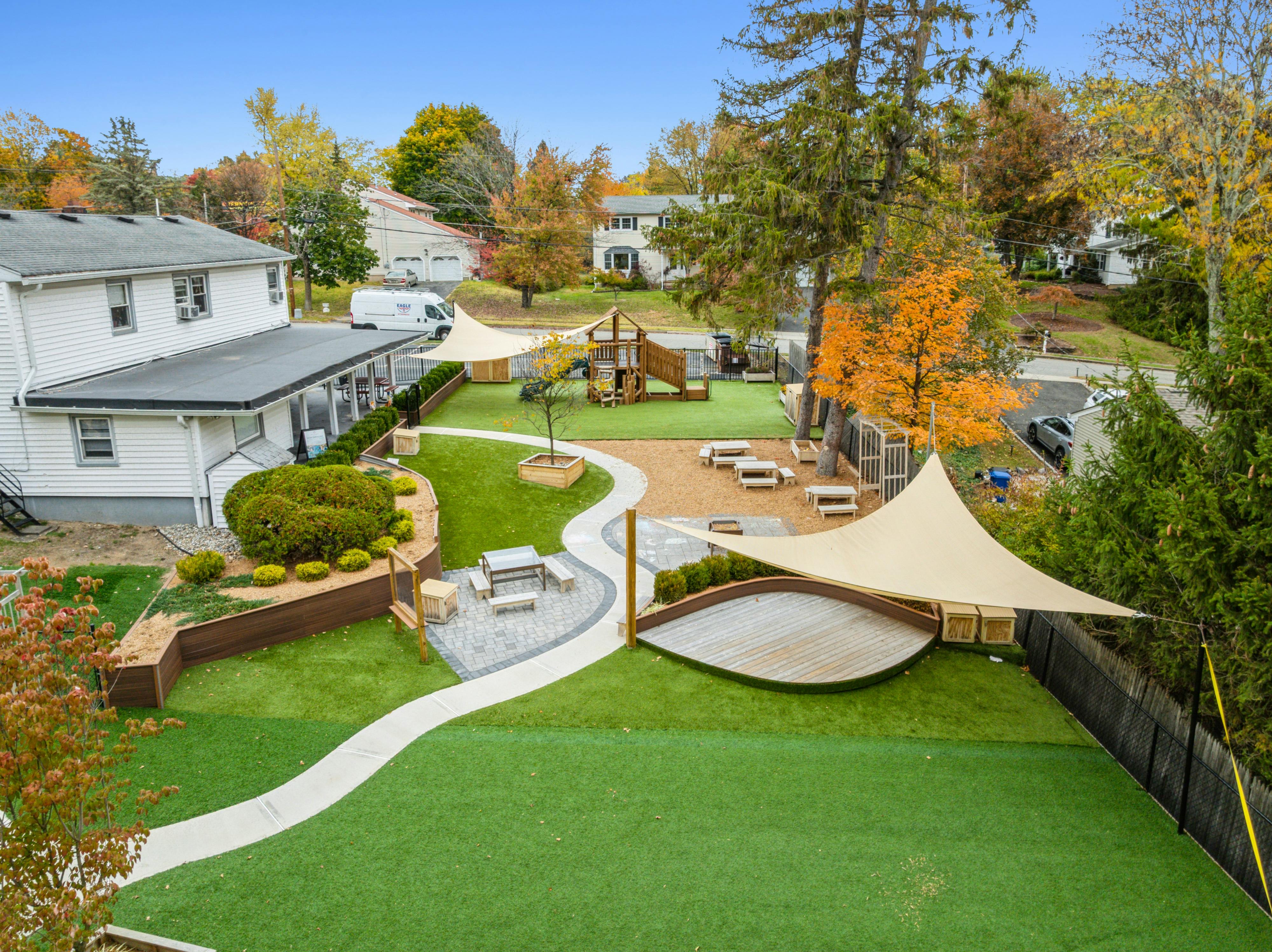 An overhead view of a modern backyard with a playground, outdoor seating, and shade sails