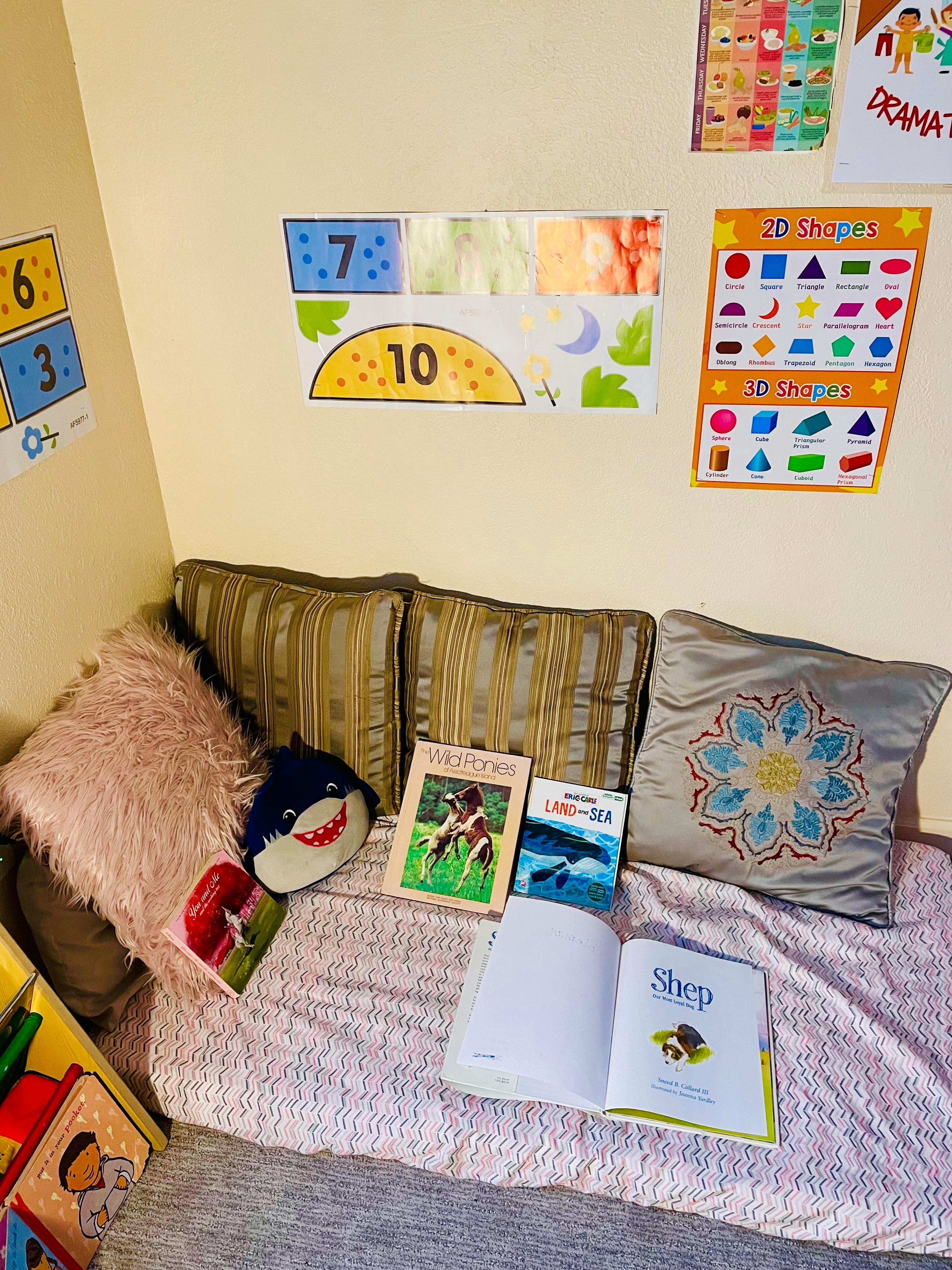 Reading nook with pillows and open books, educational posters on the wall