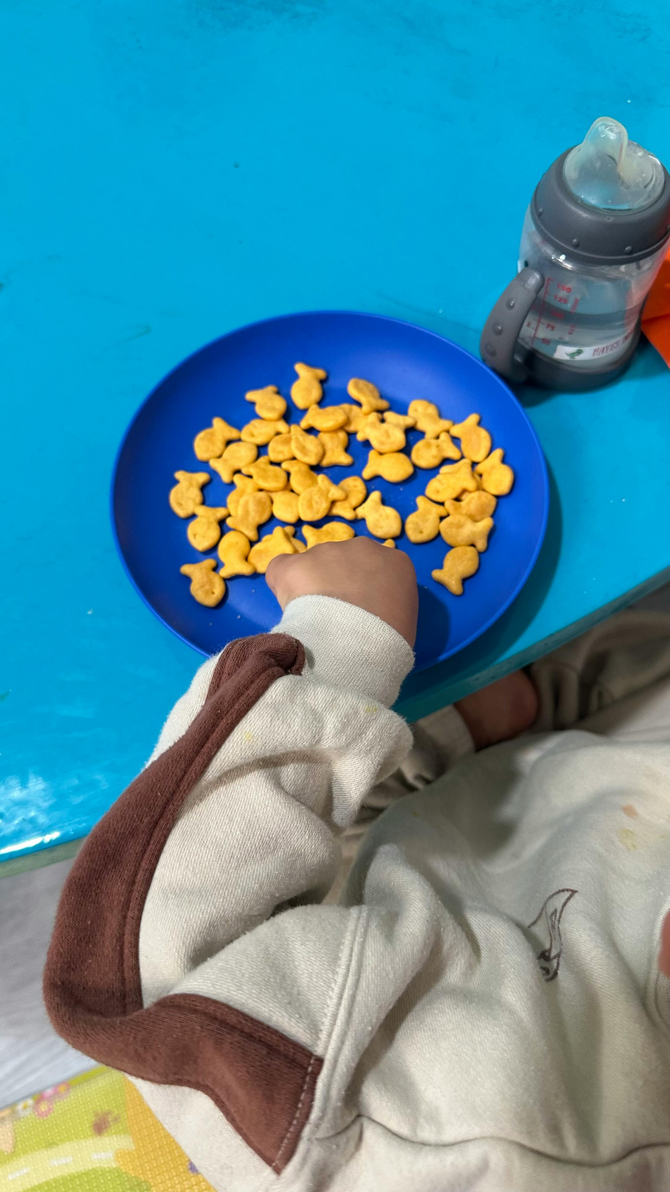 Child's hand reaching for goldfish crackers on a blue plate
