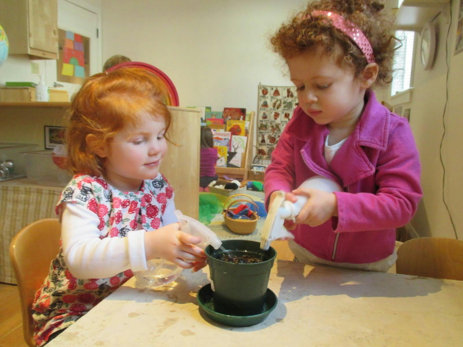 Two children watering a plant in a classroom