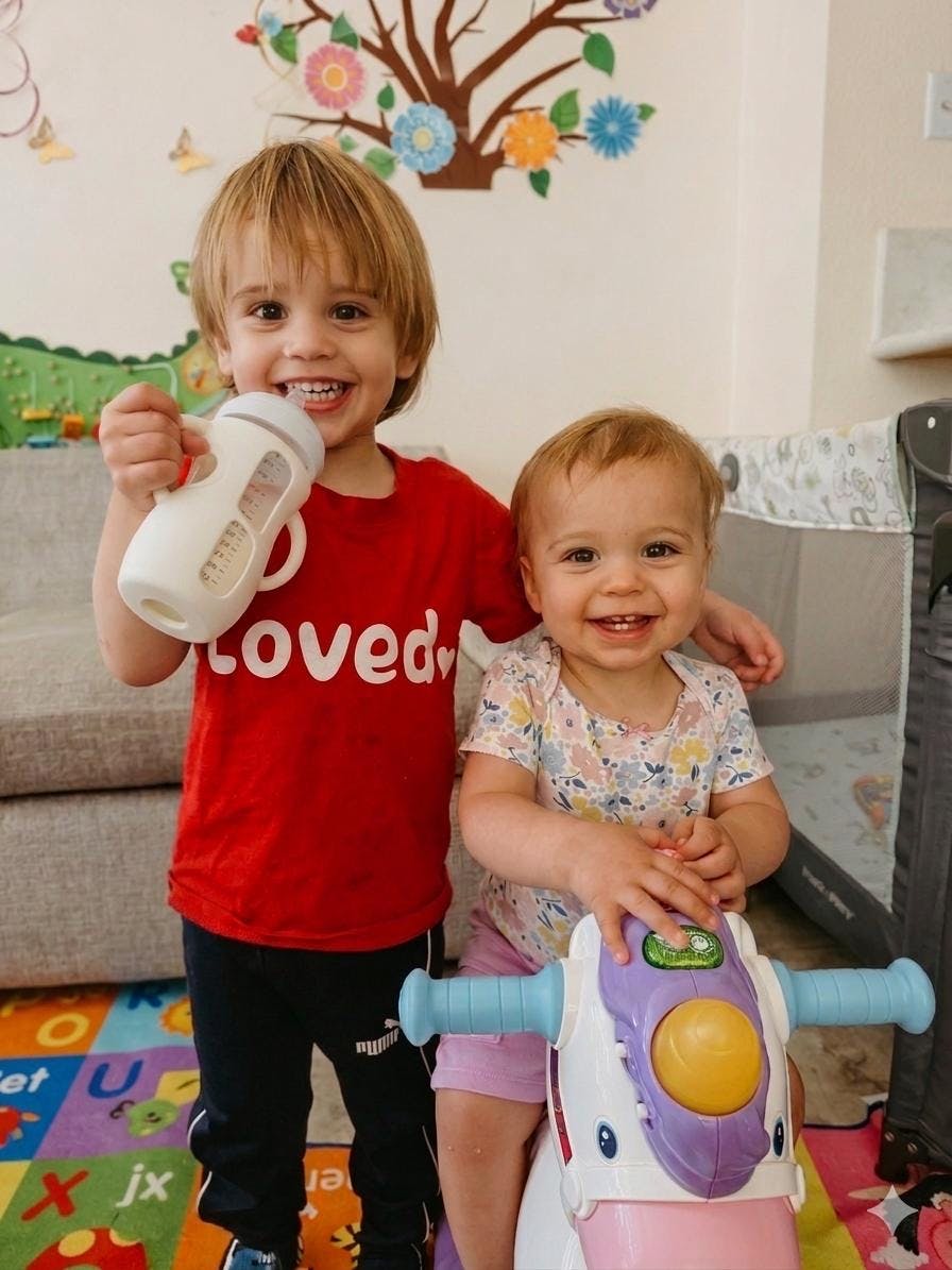 Child holding a bottle standing next to another child riding a toy